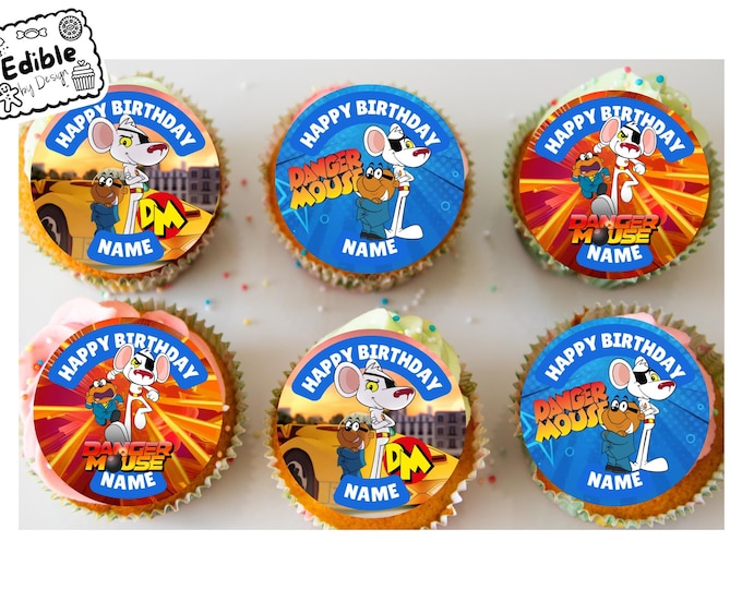 Danger Mouse 1980s Theme Birthday Party Cupcake Toppers Edible Circles printed with edible ink Personalised with Name Age of choice 2" 3" 4"