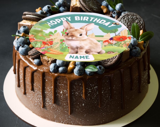 Rabbit Garden Theme Birthday Round 8" Cake Topper x 1 Edible Circle printed with edible ink Personalised with Name of your choice Cute Bunny
