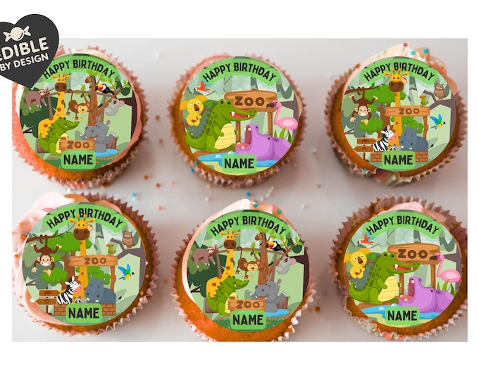 Personalised Zoo Animal Cake Toppers: Edible Birthday Party Decoration in Icing or Wafer matching Invitations Stickers Balloon Party Pack