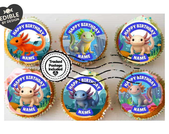 Personalised Axolotl Cake Toppers Icing or Wafer: matching Invitations Stickers Balloon Party Pack