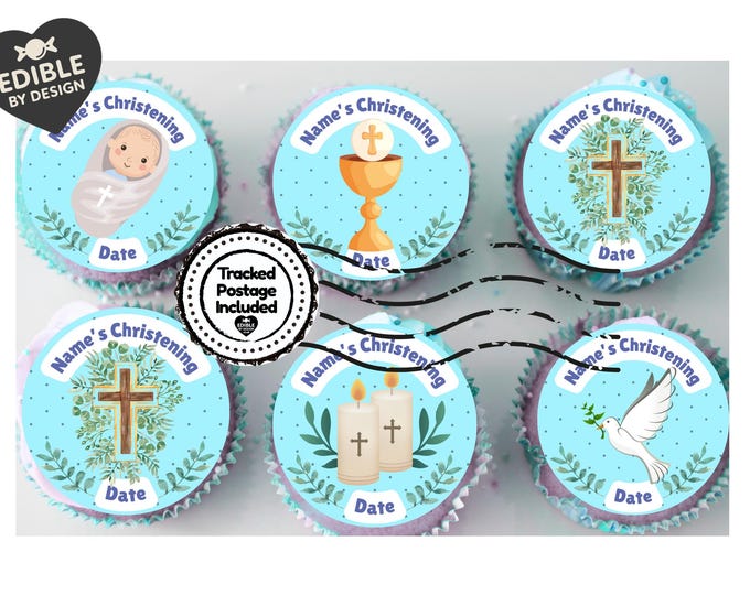 Christening Cake Toppers Baby Boy Blue Personalised with Name and date matching Invitations Stickers Balloon & Party Pack