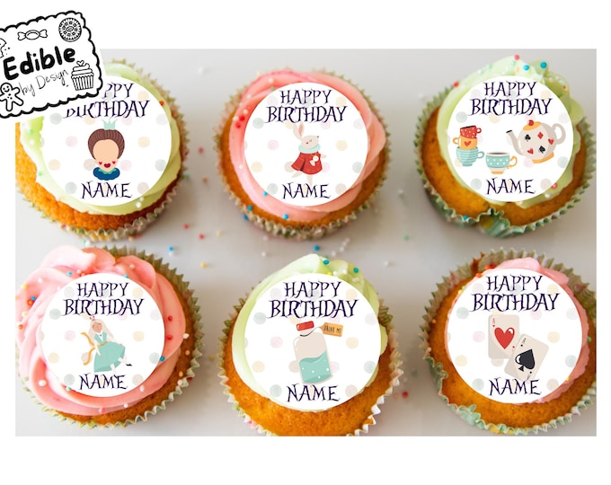 Personalised Alice in Wonderland Birthday 2" Cupcake Toppers 15 Edible Circles printed edible ink. Perfect for Alice Themed Birthday Cakes