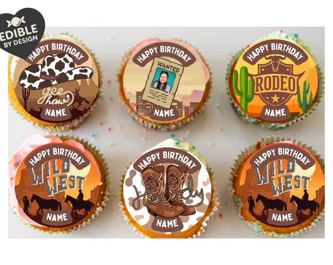 Personalised Rodeo Wild West Cupcake Toppers: Edible Icing or Wafer matching Invitations Stickers Balloon Party Pack