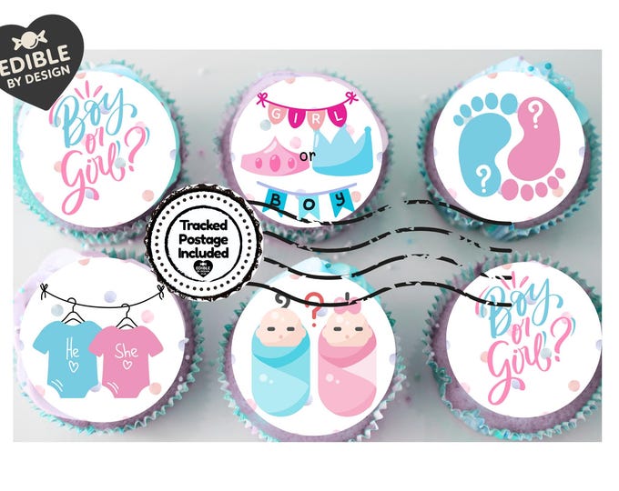 Gender Reveal Baby Shower Party Cake Toppers Pink or Blue Baby matching Stickers & Balloon available