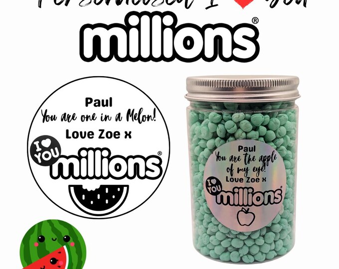Watermelon I Love You Millions - Round Jar Personalised with your choice of names on sticker - Cute Gift Perfect Birthday, Anniversary