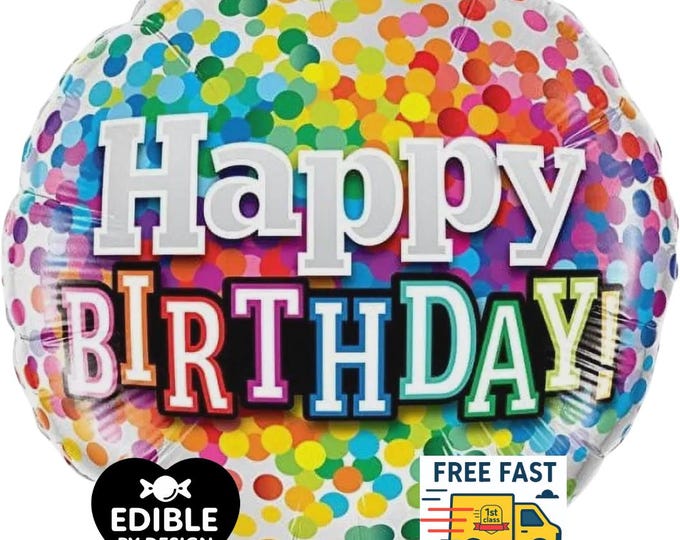 Rainbow Confetti Foil Happy Birthday Balloon - Qualatex - 18" round Balloon for Helium or Air