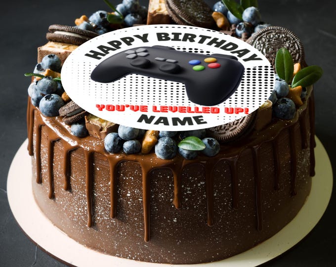 Gamer Theme Birthday Large Round Cake Topper: Edible Gaming Theme