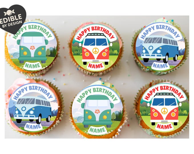 Retro Campervan Theme Birthday Cake Toppers in Icing or Wafer