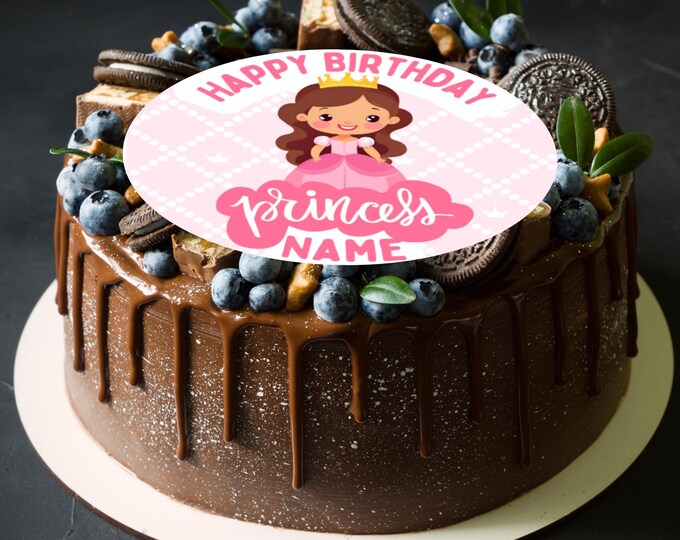 Personalised Pink Princess Birthday Large Round Cake Topper printed with edible ink on Icing or Wafer