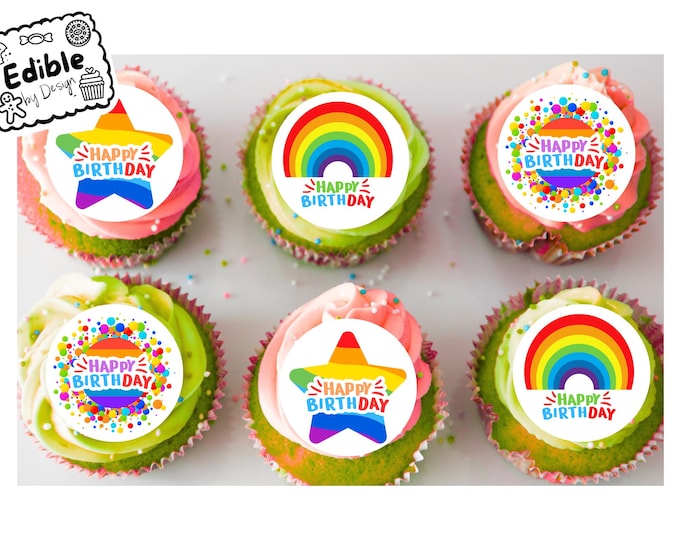 Bright Rainbow Birthday 2" Cupcake Toppers x 15 Edible Circles printed with edible ink. Fun theme perfect decoration of colourful cupcakes