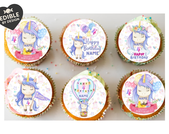 Unicorn Theme Birthday Cake Toppers Personalised Name and Age Matching Invitations Stickers Foil Balloon Pack