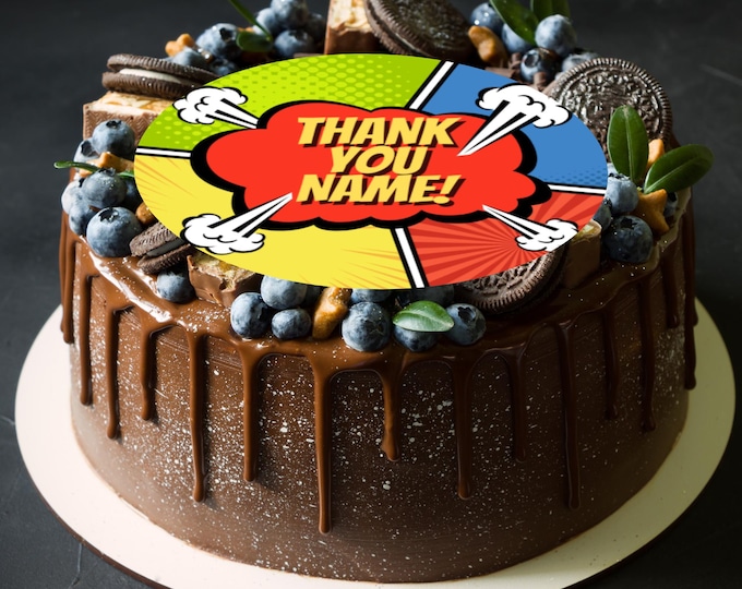 Personalised Thank You Fun Retro Large Round Cake Topper: Edible Icing or Wafer
