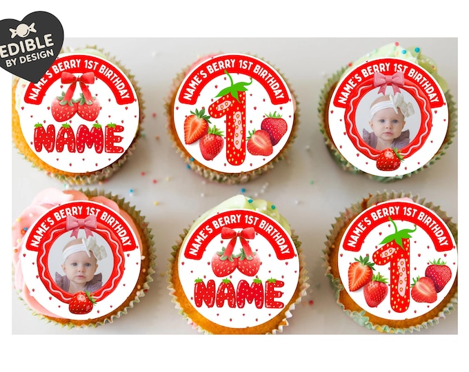 Personalised Photo Berry First Birthday Cake Toppers: Edible Icing or Wafer matching Invitations Stickers Balloon Party Pack