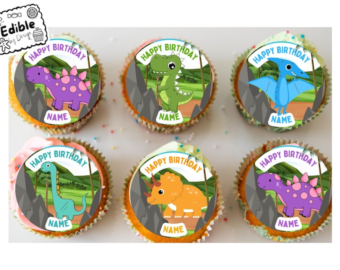 Cartoon Dinosaur Personalised Name Age Birthday Cupcake Toppers Edible Circles printed with edible ink on Icing or Wafer