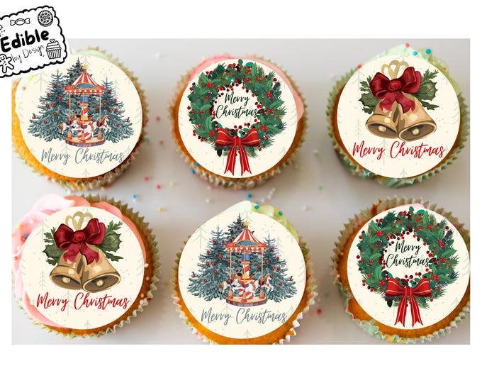 Happy Christmas Traditional Style Cupcake Toppers Edible Circles printed with edible ink.