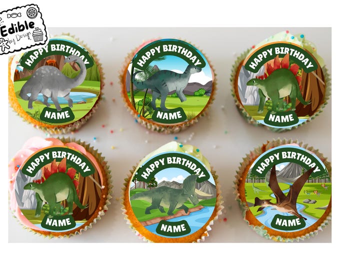 Personalised Dinosaur Happy Birthday Cupcake Toppers