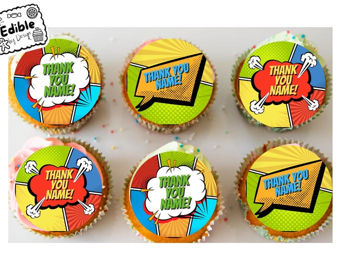 Thank You Personalised Cupcake Toppers: Fun Retro Design Edible Image Circles on Icing or Wafer