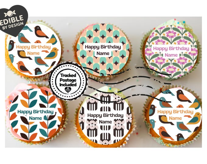 Personalised Mid Century Design Cake Toppers: Edible Icing or Wafer, Stickers, Invites, Balloon and Party Pack