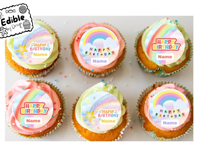 Rainbow Theme Birthday 2" Cupcake Toppers x 15 - Edible Circles printed with edible ink.  Personalised with Name of your choice! Cute Fun
