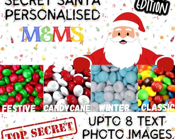 Secret Santa Christmas Gift with Chocolate M&Ms Personalised with edible ink, your choice of image, photo or text