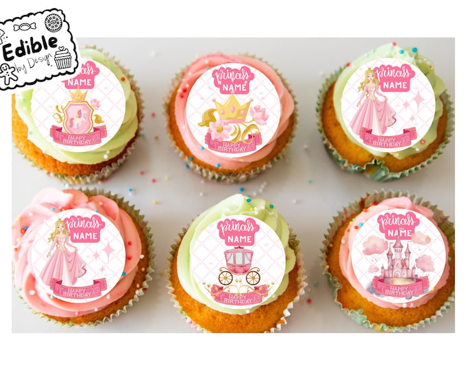 Princess Personalised Birthday 2" Cupcake Toppers x 15 Edible Circles printed with edible ink. Princess decoration cupcakes