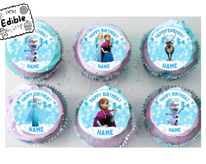 Ice Princess Personalised Birthday 2" Cupcake Toppers x 15 Edible Circles printed with edible ink. Snow decoration cupcakes