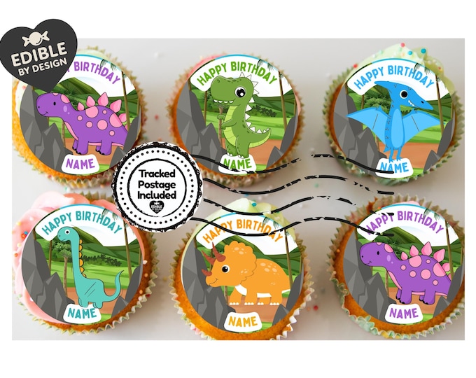 Cartoon Dinosaur Personalised Name Age Birthday Cake Toppers matching Invitations Stickers Balloon Party Pack
