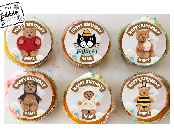 JellyCat Bartholomew Bear Theme Birthday Cupcake Toppers Edible Circles printed with edible ink Personalised with name and age 2" 2.5" 3" 4"
