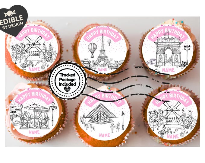 Pink Paris Theme Birthday Cake Toppers Edible Eiffel Tower Arc de Triomphe Moulin Rouge