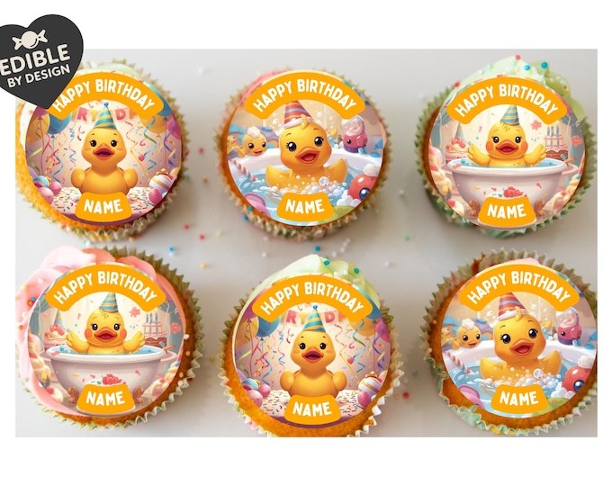 Personalised Rubber Duck Birthday Cake Toppers: Edible Icing or Wafer matching Invitations Stickers Balloon Party Pack