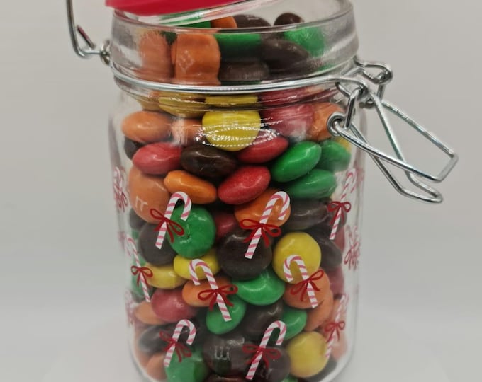 Christmas Theme Glass Jar with Chocolate M&Ms Personalised with edible ink, your choice of image, photo or text - limited edition colours