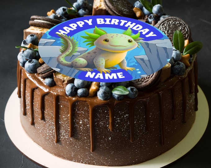 Personalised Axolotl Birthday Large Round Cake Topper: Edible Icing or Wafer