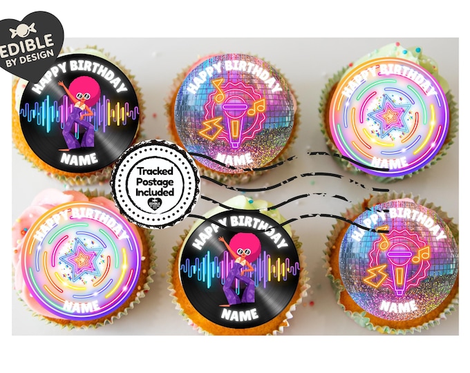 Disco Party Birthday Cake Toppers Edible Images on Icing or Wafer: Stickers Invites Balloon