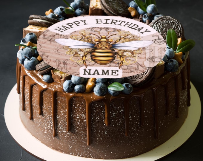 Steampunk Insect Theme Round Birthday 8" Cake Topper x 1 Edible Circle printed with edible ink Personalised Name of your choice Clockface