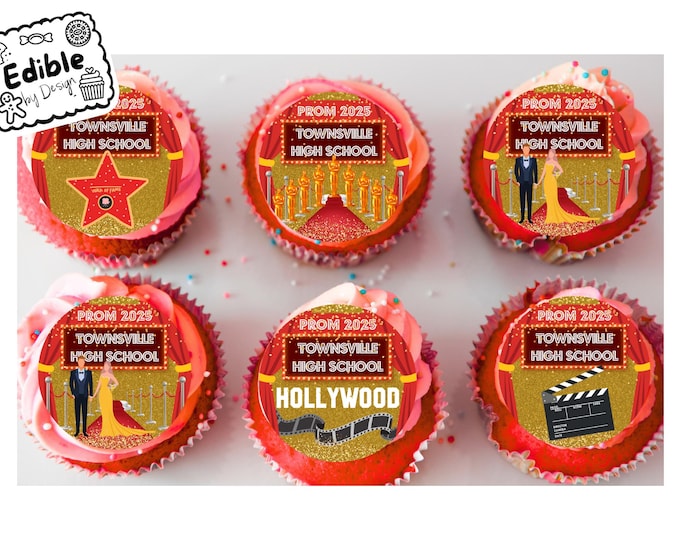 Prom Hollywood Theme Personalised 2" Cupcake Toppers x 15 Edible Circles printed with edible ink. Red Carpet Oscar Star decoration cupcakes.