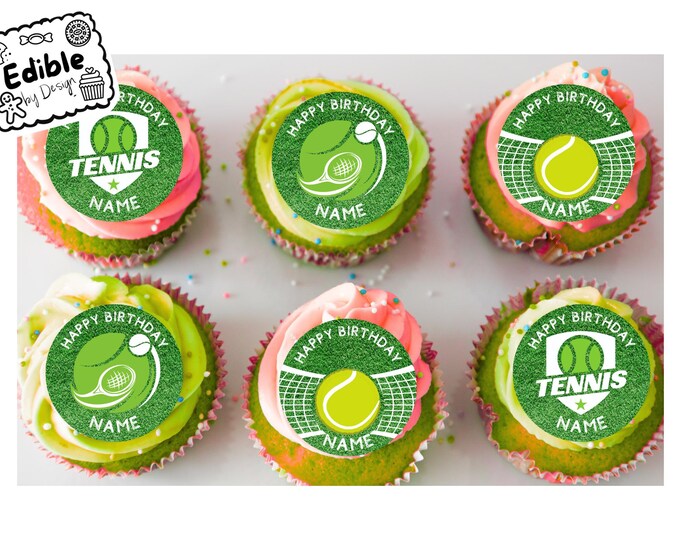 Tennis Theme Birthday Cupcake Toppers Edible Circles printed with edible ink.  Personalised with Name of your choice 2" 2.5" 3" 3.5" 4" 4.5"