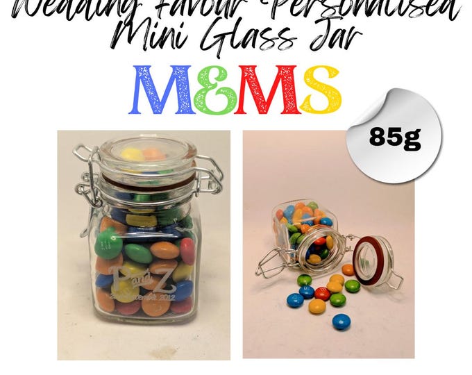 Etched Mini Glass Jar Wedding Favour Chocolate M&Ms Personalised with edible ink your choice of image, photo and text - Choose Sweet Colour