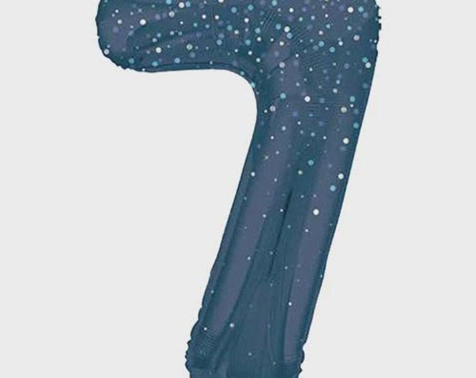 Giant Blue Glitter Number 7 Foil Balloon - Unique - 34" high max Age 7 Balloon for Helium or Air