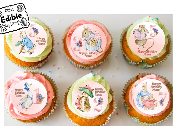 Beatrix Potter Age Personalised Birthday 2" Cupcake Toppers x 15 Edible Circles printed with edible ink. Perfect for baby, toddler or child