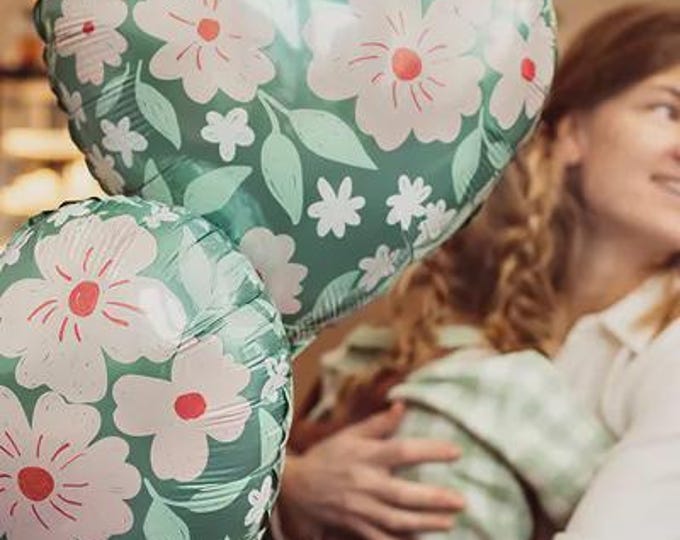 Pretty Floral Heart Foil Balloon - 14" high inflated - Balloon for Helium or Air by Party Deco