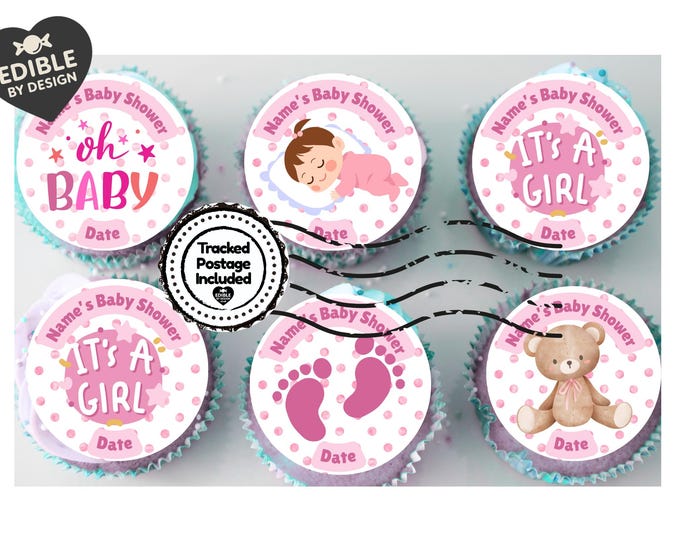Personalised Baby Shower Cake Toppers: Pink Baby theme on Edible Icing or Wafer matching Stickers Foil Balloon