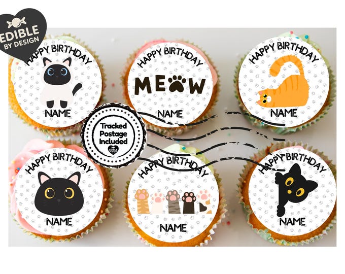 Personalised Cat Theme Cupcake Toppers matching Invitations Stickers Balloon Party Pack