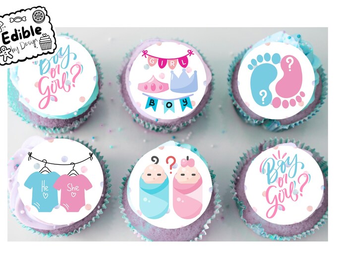 Gender Reveal Baby Shower Party 2" Cupcake Toppers x 15 Edible Circles printed with edible ink Pink or Blue Baby Theme Toppers Ideal Party