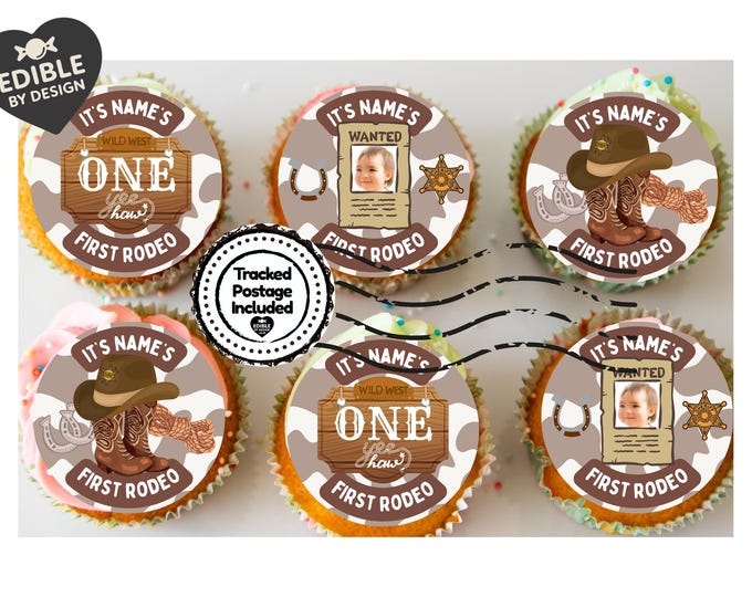 My First Rodeo Cake Toppers: Personalised Edible Icing or Wafer matching Invitations Stickers Balloon Party Pack