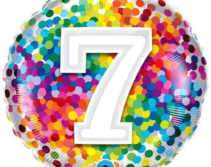 Rainbow Confetti Foil Number 7 Balloon - Qualatex - 18" round Balloon for Helium or Air