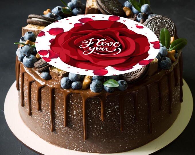 I Love You Valentines Red Rose Large Round Cake Topper: Decoration Icing or Wafer