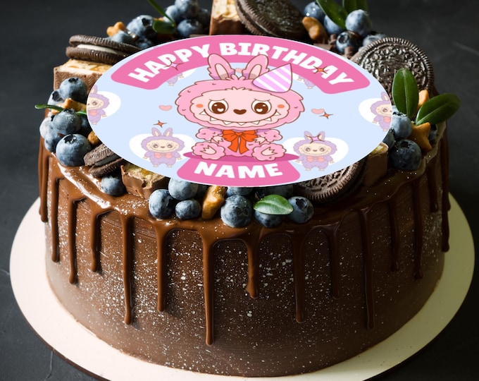 Labubu Pastel Theme Birthday Large Cake Topper Edible Circle printed with edible ink Personalised with Name Age 5" 5.5" 6" 8" Icing Wafer