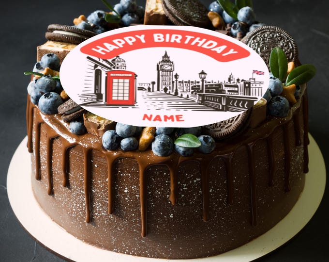 London Theme Birthday 8" Round Cake Topper x 1 Edible Circle printed with edible ink Personalised with Name of your choice Unisex Party Cake