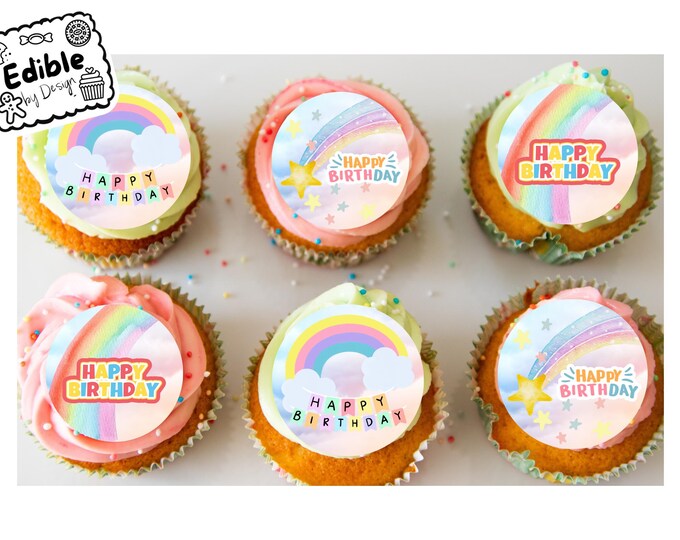Rainbow Theme Birthday 2" Cupcake Toppers x 15 - Edible Circles printed with edible ink. Cute Fun Theme Ideal for Baby Toddler Birthday