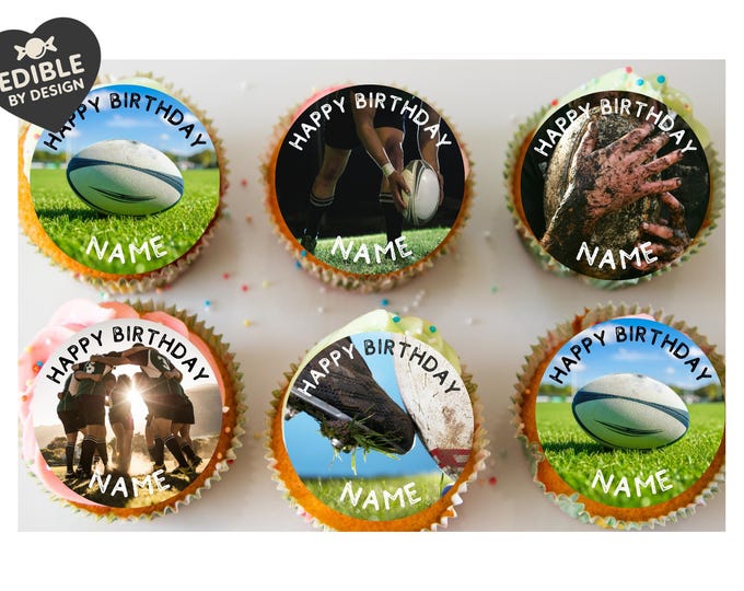 Rugby Football Personalised Birthday Cake Toppers Edible Circles printed with edible ink